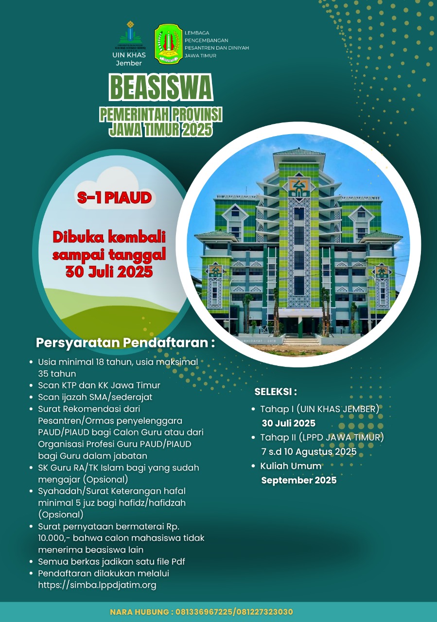 Pendaftaran Mahasiswa Baru Prodi PIAUD Jalur Beasiswa Pemerintah Provinsi Jawa Timur Kini Diperpanjang